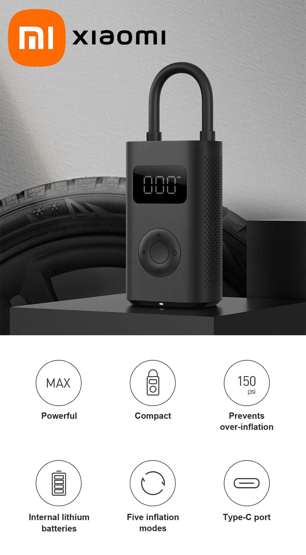 Xiaomi Mijia Air Pump 2 - Portable 150PSI Electric Air Compressor with 25% Faster Inflation, Type-C Charging, and LED Light