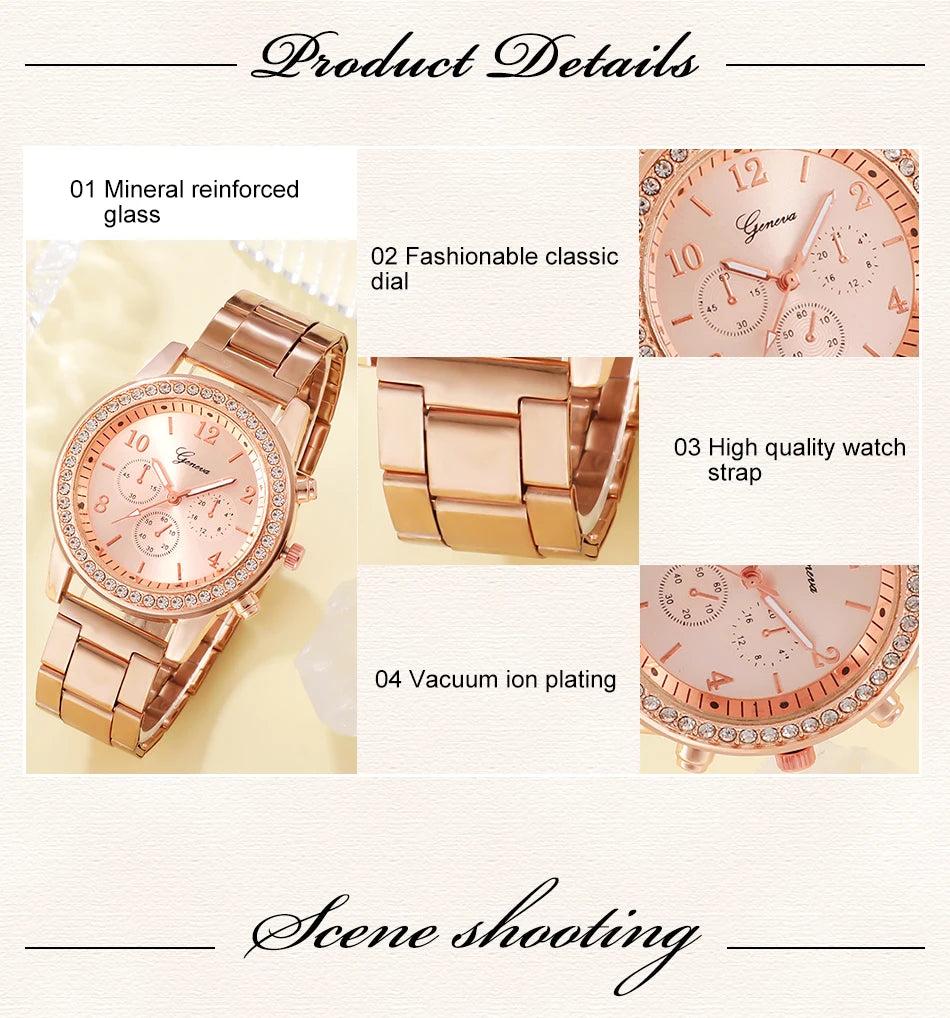 Radiate Elegance | 6PCS Rose Gold Luxury Watch & Jewelry Set for Women – Perfect for Every Occasion