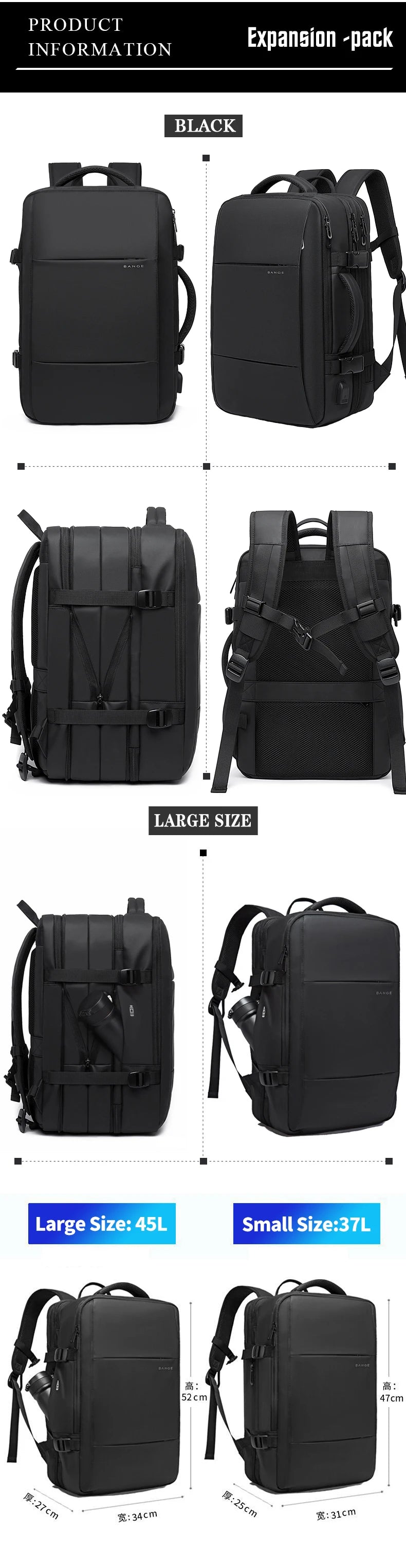 BANGE Expandable Travel Backpack – Stylish, Waterproof, and Functional 17.3" Laptop Bag for Business, School, and Travel