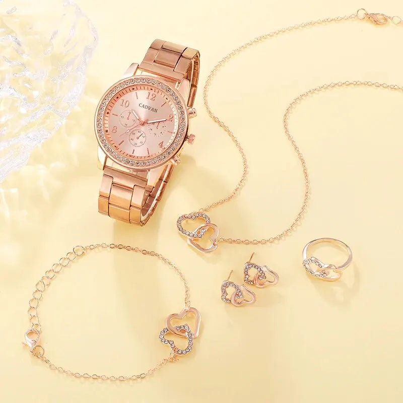 Radiate Elegance | 6PCS Rose Gold Luxury Watch & Jewelry Set for Women – Perfect for Every Occasion