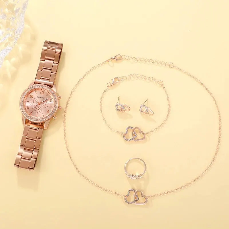 Radiate Elegance | 6PCS Rose Gold Luxury Watch & Jewelry Set for Women – Perfect for Every Occasion