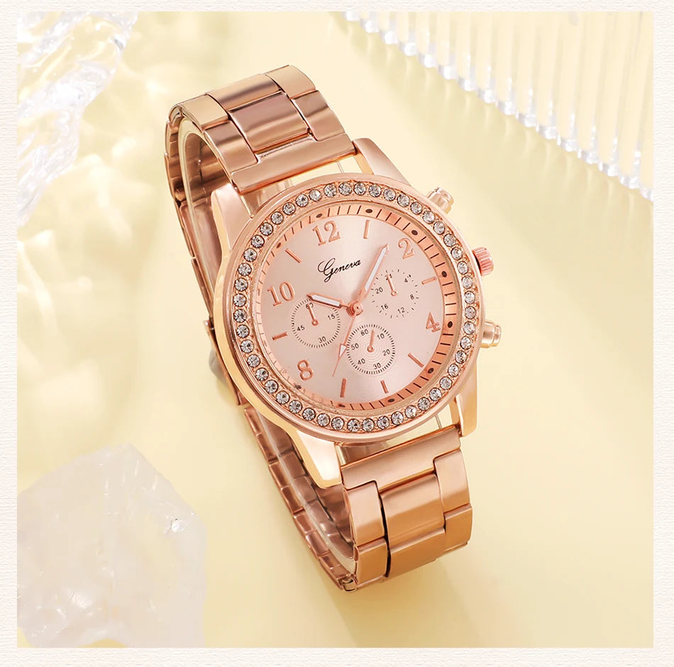 Radiate Elegance | 6PCS Rose Gold Luxury Watch & Jewelry Set for Women – Perfect for Every Occasion