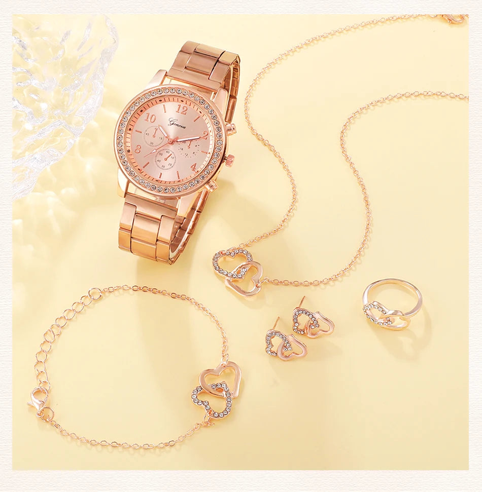 Radiate Elegance | 6PCS Rose Gold Luxury Watch & Jewelry Set for Women – Perfect for Every Occasion