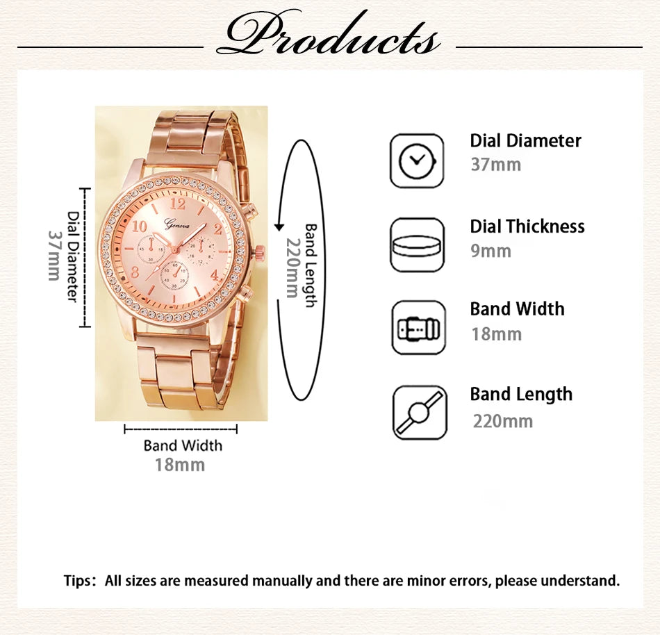 Radiate Elegance | 6PCS Rose Gold Luxury Watch & Jewelry Set for Women – Perfect for Every Occasion