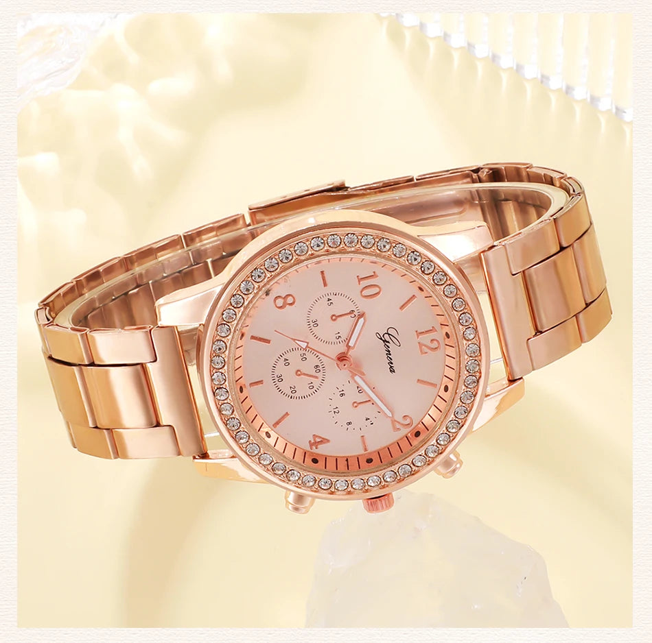 Radiate Elegance | 6PCS Rose Gold Luxury Watch & Jewelry Set for Women – Perfect for Every Occasion