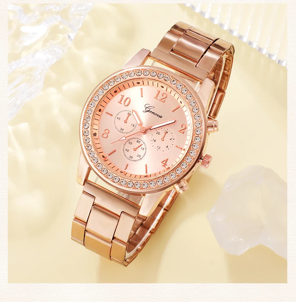 Radiate Elegance | 6PCS Rose Gold Luxury Watch & Jewelry Set for Women – Perfect for Every Occasion