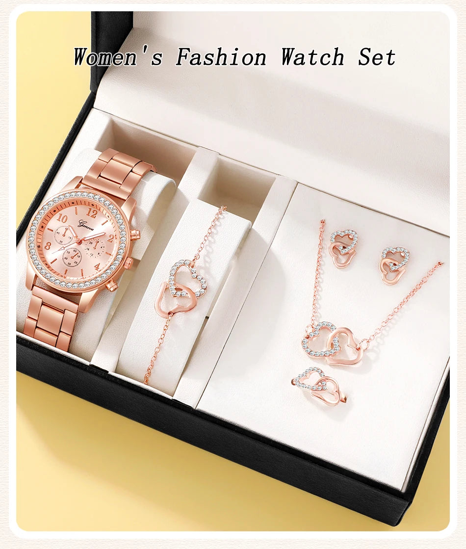 Radiate Elegance | 6PCS Rose Gold Luxury Watch & Jewelry Set for Women – Perfect for Every Occasion