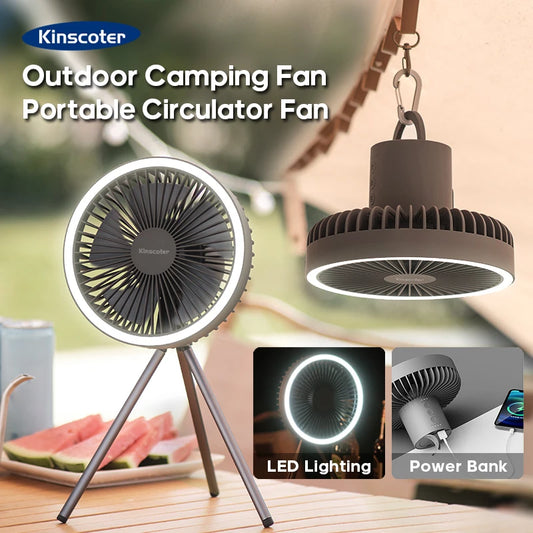 Kinscoter 10000mAh Rechargeable Camping Fan – Portable, Multi-Functional Fan with LED Lighting & Power Bank