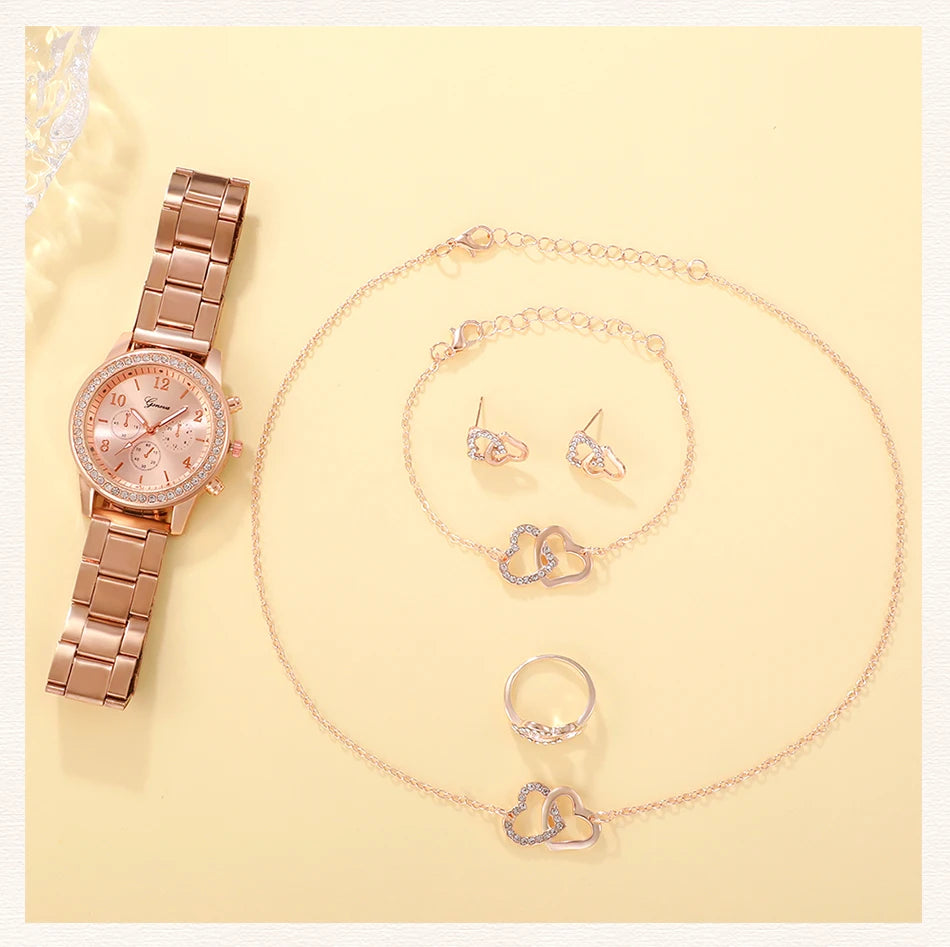 Radiate Elegance | 6PCS Rose Gold Luxury Watch & Jewelry Set for Women – Perfect for Every Occasion